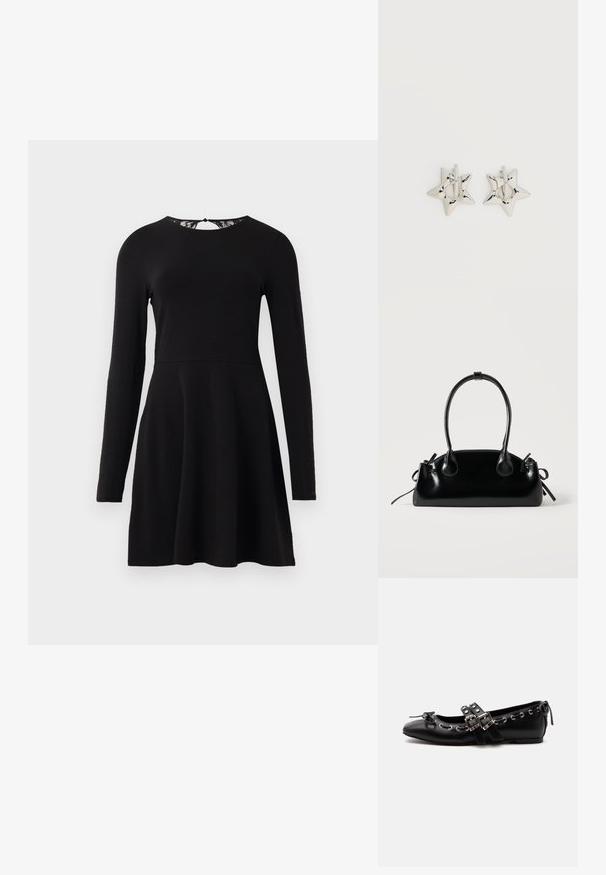 Schwarzes langärmliges Kleid mit weitem Rock und eng anliegendem Oberteil, mit einer Spitzenverzierung am Rückenausschnitt. Glatte Stoffoberfläche.; Schwarzer flacher Ballettschuh mit doppelten Schnallenriemen, silbernen Ösen und einer kleinen Schleife nahe der abgerundeten Spitze auf weißem Hintergrund.; Kleine schwarze glänzende Handtasche mit zwei langen Griffen und seitlichen Kordelzug-Details vor einfachem hellem Hintergrund.; Silberne, sternförmige Creolen mit einer glatten, polierten Oberfläche auf weißem, schlichtem Hintergrund.