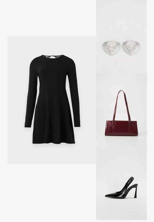 Schwarzes langärmliges Kleid mit weitem Rock und eng anliegendem Oberteil, mit einer Spitzenverzierung am Rückenausschnitt. Glatte Stoffoberfläche.; Schwarze Lackleder Slingback-Pumps mit spitzem Zehenbereich, schlankem hohen Absatz und doppeltem elastischen Riemen für einen sicheren Sitz. Glatte, glänzende Oberfläche.; Burgunderfarbene Handtasche aus glänzendem Material, rechteckige Form, mit zwei Schulterriemen und subtilen, geschwungenen Akzenten an der Vorderseite.; Ohrringe in Silberoptik mit einem wellenförmigen, strukturierten Design, das wie überlappende Halbmonden geformt ist; die polierte Oberfläche verstärkt die reflektierenden Eigenschaften.
