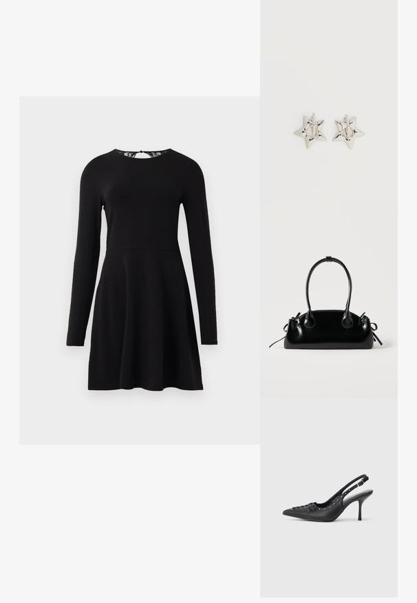 Zwart lange mouw jurk met een getailleerde top en een uitlopende rok, voorzien van een kantdetail bij de achterkant van de halslijn. Gladde stoftextuur.; Zwarte leren slingback stiletto met spitse neus, zijgesp met gesp, studs langs de rand en decoratieve veters aan de voorkant.; Kleine zwarte glanzende handtas met twee lange hengsels en zijkant trekkoord details op een effen lichte achtergrond.; Zilverkleurige stervormige oorringen met een gladde, gepolijste afwerking op een effen witte achtergrond.
