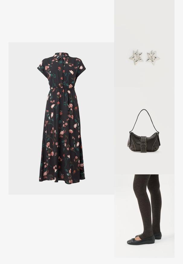 Zwarte bloemenjurk met korte capmouwen, knoopsluiting aan de voorkant, tailleverstelling en verschillende roze en groene bloemmotieven verspreid over de jurk.; Benen met donkere geribbelde leggings gecombineerd met zwarte ballerina's met kleine strikdetails op een witte achtergrond.; Zwarte leren schoudertas met gespsluiting aan de riem, afgeronde hoeken en contrasterende witte stiksels op een effen achtergrond.; Zilverkleurige stervormige oorringen met een gladde, gepolijste afwerking op een effen witte achtergrond.