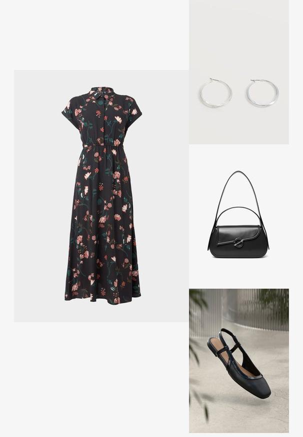 Schwarzes Blumenkleid mit kurzen Kap capa, durchgehendem Knopfverschluss, tailliertem Design und variierenden rosa und grünen Blumenmustern.; Schwarze Leder Slingback Ballerina mit rechteckiger Zehenpartie, ausgestattet mit einem glänzenden lackierten Besatz und verstellbaren Riemen für einen sicheren Sitz.; Schwarze Lederschultertasche mit einer geschwungenen Klappe, die durch einen runden Metallverschluss gesichert ist, und einem schlanken, verstellbaren Riemen.; Silberne Metallcreolen mit glatter, leicht gebogener Oberfläche und Klappverschluss vor schlicht weißem Hintergrund.