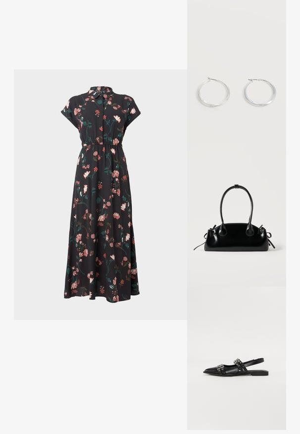 Robe noire à motifs floraux avec des manches courtes, un devant boutonné, une taille cintrée et des motifs floraux variés en rose et en vert.; Even&Odd Ballerines à brides arrière - black; Petit sac à main noir brillant avec deux longues anses et des détails à cordon sur les côtés sur un fond clair uni.; Boucles d’oreilles créoles en métal argenté avec une surface lisse légèrement incurvée et des fermoirs à clapet sur un fond blanc uni.