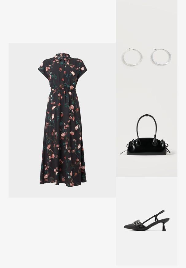 Musthave musta lilleline kleit lühikeste varrukatega, nööbid ees, rõhujoon taljes ja erinevad roosa ja rohelise lillemustrid üle kogu.; Simmi London DALA - Klassikalised kontsakingad - black; Väike must läikiv käekott kahe pika sangaga ja külgedel paelakinnitustega, ühel lihtsal helel taustal.; Hõbedased metallist rõngakujulised kõrvarõngad, millel on sile, kergelt kaarduv pind ja lukustuvad tagused kinnitused, valgel taustal.