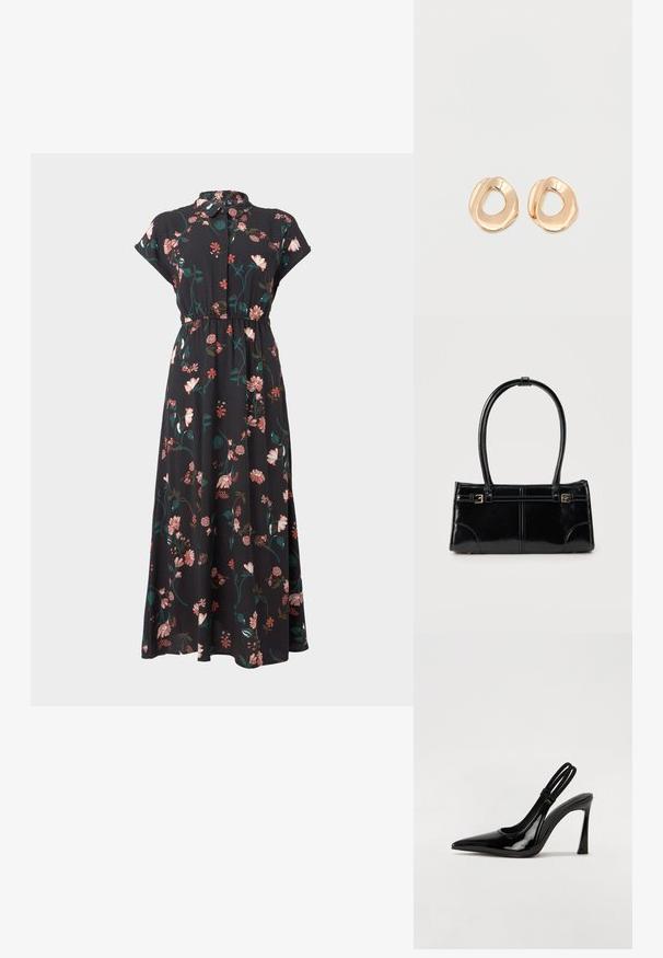 Zwarte bloemenjurk met korte capmouwen, knoopsluiting aan de voorkant, tailleverstelling en verschillende roze en groene bloemmotieven verspreid over de jurk.; Zwarte gepatineerde leren slingback pump met puntige neus, slanke hoge hak en dubbele elastische band voor een veilige pasvorm. Gladde, glanzende oppervlakte.; Glanzend zwart rechthoekig handtasje met twee dunne schouderbanden en kleine gouden gespsdetails aan de voorkant.; Set van onregelmatig gevormde, gepolijste hoepel oorbellen van goudkleurig metaal met een open midden op een effen witte achtergrond.