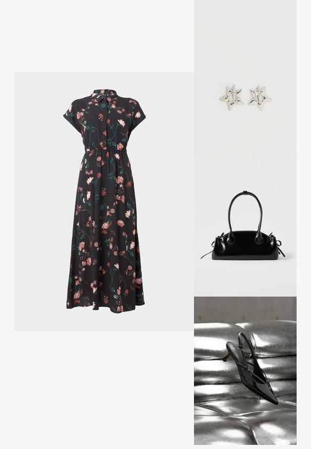 Sort blomsterkjole med korte capærmer, knaplukning foran, Taljeindsnævring og varierende pink og grønne blomster mønstre overalt.; Sort laklæder spids tå slingback sko med kitten hæl hvilende på en skinnende metallisk sølv tuftet overflade.; Lille sort blank håndtaske med to lange håndtag og snøre-detaljer i siden på en ensfarvet lys baggrund.; Sølv stjerneformede øreringe med en glat, poleret finish på en ensfarvet hvid baggrund.