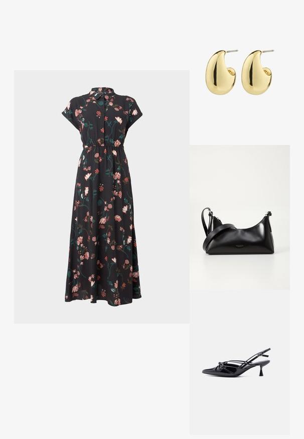 Schwarzes Blumenkleid mit kurzen Kap capa, durchgehendem Knopfverschluss, tailliertem Design und variierenden rosa und grünen Blumenmustern.; Schwarzer Slingback-Pumps aus Lackleder mit spitzer Zehenpartie, niedrigem Kitten-Heel und dekorativer, geknoteter Schleife vorne.; Schwarze lederne Handtasche mit glatter Textur. Verfügt über einen verstellbaren Riemen und ein elegantes, minimalistisches Design mit einem Reißverschluss.; Goldfarbene Steckerohrringe mit einer glatten, glänzenden Oberfläche, die eine abstrahierte, tropfenförmige Form aufweisen. Einfache Metallstiftbefestigung.