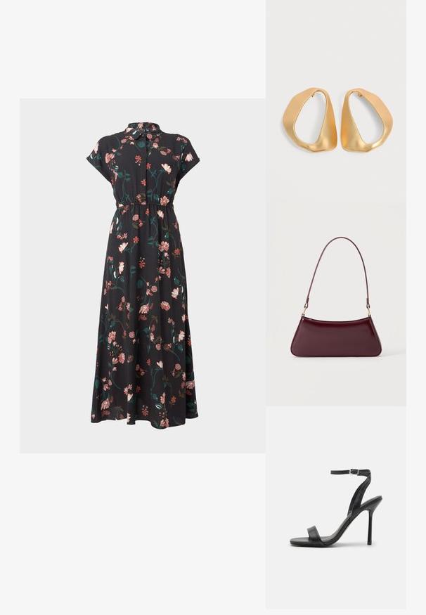 Zwarte bloemenjurk met korte capmouwen, knoopsluiting aan de voorkant, tailleverstelling en verschillende roze en groene bloemmotieven verspreid over de jurk.; Zwarte hoge hakken sandaal met een slanke enkelband en twee voorste banden. Gemaakt van soepel leer met een slanke puntneus en een stiletteloze hak.; Donker bordeaux glanzende handtas met een enkele dunne handgreep en een slanke trapeziumvorm op een effen lichte achtergrond.; Een paar onregelmatige, asymmetrische gouden oorringen met een gladde, matte afwerking op een neutrale achtergrond.