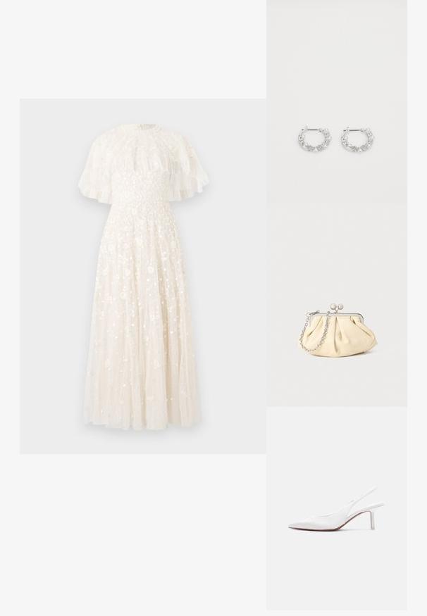 Robe de soirée longue en ivoire avec un corsage ajusté et une jupe évasée. Présente un voile en dentelle de cape avec des volants et des embellissements floraux sur l'ensemble.; Chaussure pour femme en cuir blanc avec bride arrière, bout pointu, petit talon kitten bas et petit nœud décoratif sur le dessus, vue de profil latéral.; Pochette en cuir beige plissé avec un cadre en métal argenté, dotée de deux fermoirs ronds décoratifs et d'une chaîne en argent.; Boucles d'oreilles en argent en forme de créoles avec des accents de perles et de cristaux, présentant une surface texturée et une fermeture à tige sécurisée.