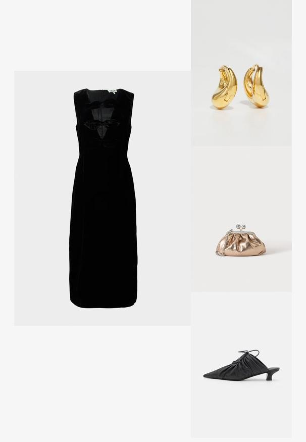 Vestido de terciopelo negro con diseño sin mangas, que presenta un escote redondeado y tres lazos texturizados en la parte delantera. Con cremallera en la parte trasera.; Mules negros de cuero sin hebillas con punta afilada, textura recogida y un pequeño tacón de gato. Presentan un detalle de cordón en la abertura.; Pequeño bolso clutch metálico dorado con cierre plateado y cadena en un fondo claro y liso.; Pendientes de aro de oro con forma curva y suave, y acabado pulido. Presentan un mecanismo de cierre y ligeras indentaciones para un toque de detalle.