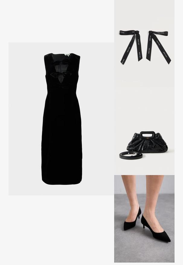 Vestido de terciopelo negro con diseño sin mangas, que presenta un escote redondeado y tres lazos texturizados en la parte delantera. Con cremallera en la parte trasera.; Zapatos de tacón de ante negro con punta afilada y un tacón medio delgado y clásico, presentados sobre pies descalzos contra un fondo gris.; Bolso pequeño de cuero negro con textura fruncida, asa rectangular y correa de hombro delgada y desmontable colocada al lado.; Dos lazos de cinta negra con el texto "MARC JACOBS" impreso en blanco en cada extremo de la cinta sobre un fondo blanco liso.