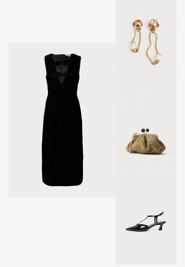 Robe en velours noir à design sans manches, dotée d'un col rond et de trois accents en forme de nœud texturé à l'avant. Dos zippé.; Chaussure slingback en cuir verni noir à bout pointu avec bride en T et petit talon bloc incliné sur fond blanc.; Petite pochette avec motif géométrique doré et noir, cadre en métal doré, fermeture à boule noire et une courte chaîne dorée.; Boucles d'oreilles en ton doré avec des formes ouvertes irrégulières, chacune ornée d'une perle en bas et de détails en pierres précieuses sur les clous ronds.