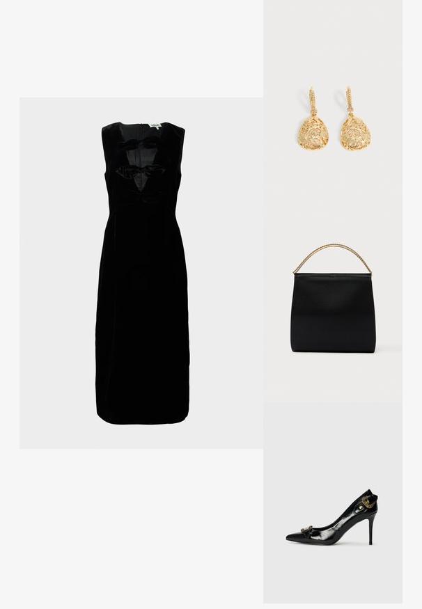 Schwarzes Samtkleid mit ärmellosem Design, runder Ausschnitt und drei strukturierten Schleifenakzenten an der Vorderseite. Mit Reißverschluss hinten.; Schwarzer Lackleder-High-Heel-Schuh mit spitzer Zehe, einer Schleifendetaillierung auf der Vorderseite und einer dekorativen goldfarbenen Hardware-Akzent auf der Rückseite.; Schwarze Tasche aus glattem Stoff mit strukturierter Form, einem Griff aus goldener Kette und minimalistischem, geometrischem Design.; Paar Ohrhänger in Gold-Ton mit filigranem floralem und wirbelndem Design sowie kleinen klaren Steinen an Leverback-Verschlüssen.