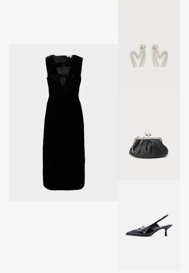Robe en velours noir à design sans manches, dotée d'un col rond et de trois accents en forme de nœud texturé à l'avant. Dos zippé.; Chaussure à talon bas en cuir verni noir avec bride arrière, bout pointu et détail boucle argentée sur fond blanc uni.; Porte-monnaie en cuir noir avec texture froncée, cadre en métal argenté, fermeture à verrouillage kiss-lock et bandoulière en chaîne. Surface lisse et douce.; Paire de boucles d'oreilles en métal argenté en forme de lettre M angulaire avec des tiges arrondies sur fond blanc.