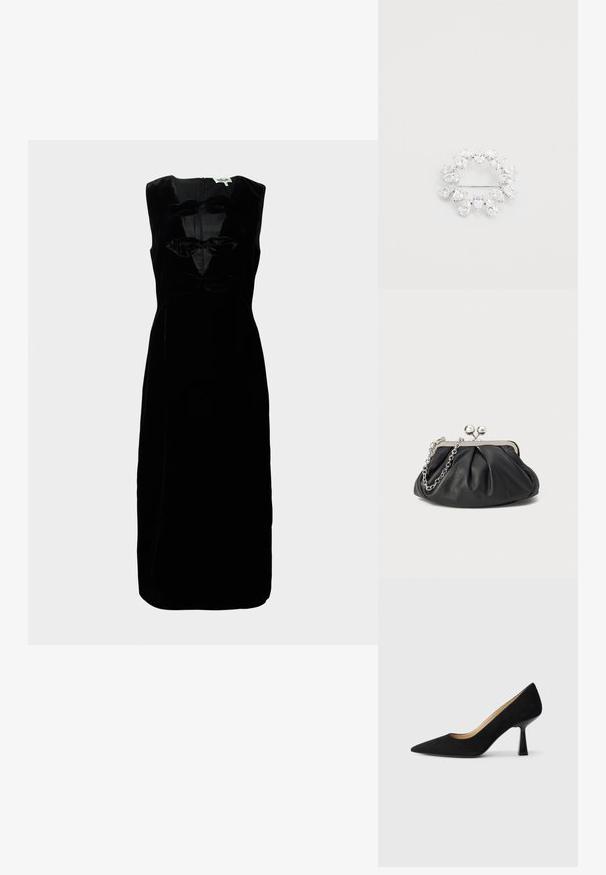 Zwarte fluwelen jurk met een mouwloos ontwerp, voorzien van een ronde halslijn en drie getextureerde strikaccenten aan de voorkant. Met ritssluiting op de rug.; Zwarte suède high-heeled pump met een spitse neus, voorzien van een glanzende zwarte blokhak en een gladde binnenvoering.; Zwarte leren clutch met geplooide textuur, zilverkleurig metalen frame, drukknopsluiting en kettingriem. Glad, zacht oppervlak.; Ronde broche met meerdere peervormige heldere kristallen in een zilverkleurige metalen basis, met een speldsluiting aan de achterkant.