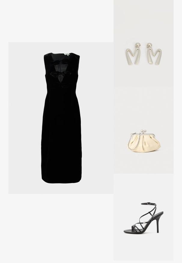 Schwarzes Samtkleid mit ärmellosem Design, runder Ausschnitt und drei strukturierten Schleifenakzenten an der Vorderseite. Mit Reißverschluss hinten.; Schwarze High-Heel-Sandale mit dünnen Riemen, einem Knöchelverschluss, einer glatten Lederoberfläche und einem schlanken Stiletto-Absatz.; Faltige beigefarbene Ledertasche mit einem silbernen Metallrahmen, ausgestattet mit zwei runden dekorativen Verschlüssen und einem silbernen Kettenriemen.; Paar silberfarbene Metallohrringe in Form des kantigen Buchstabens M mit abgerundeten Stegen auf weißem Hintergrund.