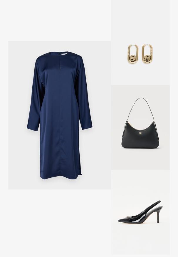 Marineblå satin kjole med lange ærmer, høj halsudskæring og lynlås bagpå. Har sideslidser for nem bevægelse og en strømlinet silhuet.; Sorte patenterede læderslingback hæle med spids tå, slank stiletto-hæl og dekorativ pynt på vampen.; Sort læderhåndtaske med gyldent lynlås, tynd rem og gyldent "HUGO"-logo centreret på fronten.; BOSS DOUBLE B SWING - Øreringe - gold-coloured