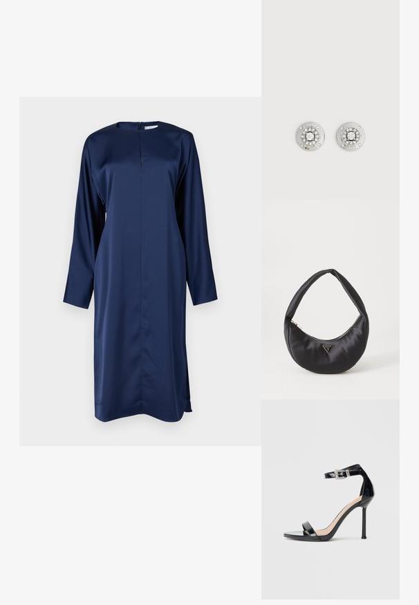 Robe en satin bleu marine à manches longues, col montant et fermeture éclair au dos. Elle comporte des fentes latérales pour faciliter les mouvements et offre une silhouette élégante.; Sandale à talon haut en cuir verni noir avec bride à la cheville. Présente un design minimaliste, un bout ouvert et une boucle ornée de strass.; Sac à main en satin noir avec une forme courbée, doté d'une fermeture à glissière et d'un logo triangulaire en métal à l'avant. Texture lisse et design épuré.; Boucles d'oreilles clous rondes en argent avec une pierre claire centrale entourée de petites pierres et le logo "GUESS" gravé sur les bords.