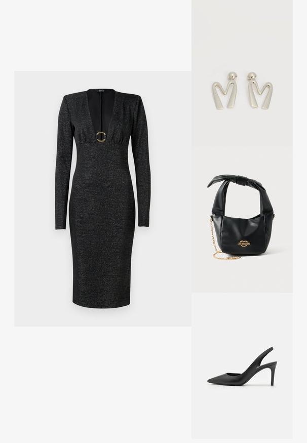 Zwarte lange mouw nauwsluitende midi-jurk met diepe V-hals, geplooide buste, subtiel glinsterende stof en decoratieve ronde gouden gesp aan de voorkant.; Zwarte leren slingback hoge hakken met een puntige neus, met een uitsparing aan de voorkant en een dunne stilettohak.; Zwarte zachte leren Love Moschino handtas met geknoopt handvat en gouden kettingriem op een witte achtergrond.; Paar zilverkleurige metalen oorbellen in de vorm van een hoekige letter M met afgeronde stekers op een witte achtergrond.