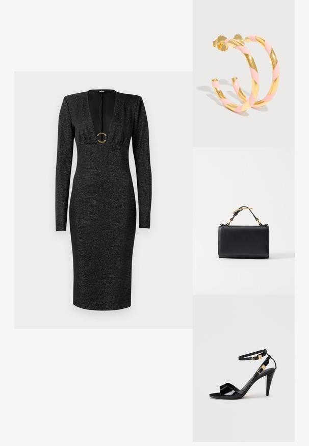 Robe midi ajustée à manches longues noire avec décolleté en V profond, buste froncé, tissu légèrement scintillant et boucle ronde dorée décorative au centre avant.; Sandale à talon haut en cuir verni noir avec double bride de cheville et boucles dorées, bout ouvert, et talon effilé sur fond neutre.; Sac à main en cuir noir de forme rectangulaire, doté d'une anse supérieure et d'accents en métal doré. Texture lisse, design minimaliste.; Boucles d'oreilles créoles en or torsadées avec des rayures émaillées rose pastel, présentées sur un fond blanc avec des fermoirs papillon.