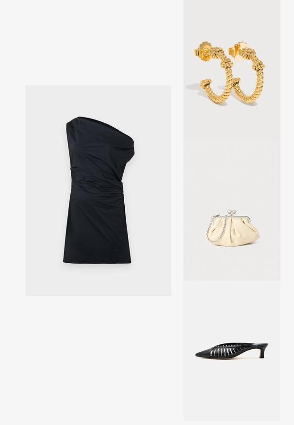 Robe noire à une épaule avec texture froncée et ourlet au genou. Fabriquée en tissu doux, elle se caractérise par une finition lisse et un design minimal.; Mule en cuir noir avec bout pointu, design découpé à brides et petit talon kitten sur fond blanc.; Pochette en cuir beige plissé avec un cadre en métal argenté, dotée de deux fermoirs ronds décoratifs et d'une chaîne en argent.; Boucles d'oreilles créoles en or avec texture torsadée de corde et fermoirs papillon sur un fond clair.
