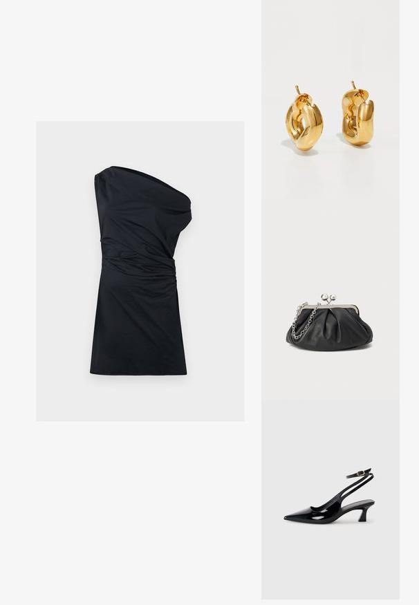 Sort étuikjole med en skulder og sammensamling, der går til knæene. Lavet af blødt stof, der har en glat overflade og et minimalistisk design.; Sorte patenterede læderslingbacks med spidse tæer, lav blokhælt og justerbar ankelrem med guldspænde.; Sort læder clutch med samlet tekstur, sølvfarvet metalramme, kys-lås lukning og kædestrop. Glat, blød overflade.; Chunky guld hoop øreringe med et let snoet, rørformet design og postsystem bagpå, på en hvid baggrund.