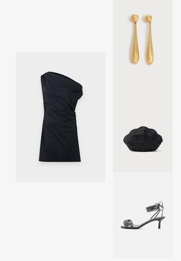 Robe noire à une épaule avec texture froncée et ourlet au genou. Fabriquée en tissu doux, elle se caractérise par une finition lisse et un design minimal.; Sandale à talon en cuir gris avec une bride nouée sur les orteils et des lacets enroulants autour de la cheville, sur un talon moyen et fin, sur fond blanc.; Sac à main en osier noir en forme de coquille Saint-Jacques avec un dessus courbé et une texture tressée sur un fond uni.; Paire de longues boucles d'oreilles dorées, lisses et brillantes, en forme de goutte avec des sommets arrondis et des formes de goutte effilées sur un fond clair.