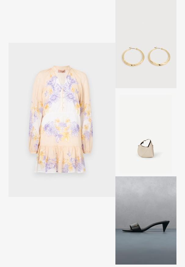 TWINSET DRESS - Φόρεμα ημέρας - lavender/yellow; Μαύρο δερμάτινο πέδιλο με ανοιχτό δάχτυλο και τακούνι, με χρυσό λογότυπο στο λουράκι, που αιωρείται πάνω από ένα πλακιδωτό εξωτερικό χώρο με φυτά στο παρασκήνιο.; Τσάντα μπεζ από δέρμα σε σχήμα ημισελήνου με έναν μόνο ιμάντα ώμου και ελάχιστη ραφή, σε απλό λευκό φόντο.; Ζευγάρι γυαλιστερά χρυσά σκουλαρίκια κρίκοι με λεπτά καρφιά και μεντεσέδες, εμφανίζονται σε απλό ανοιχτό γκρι φόντο.