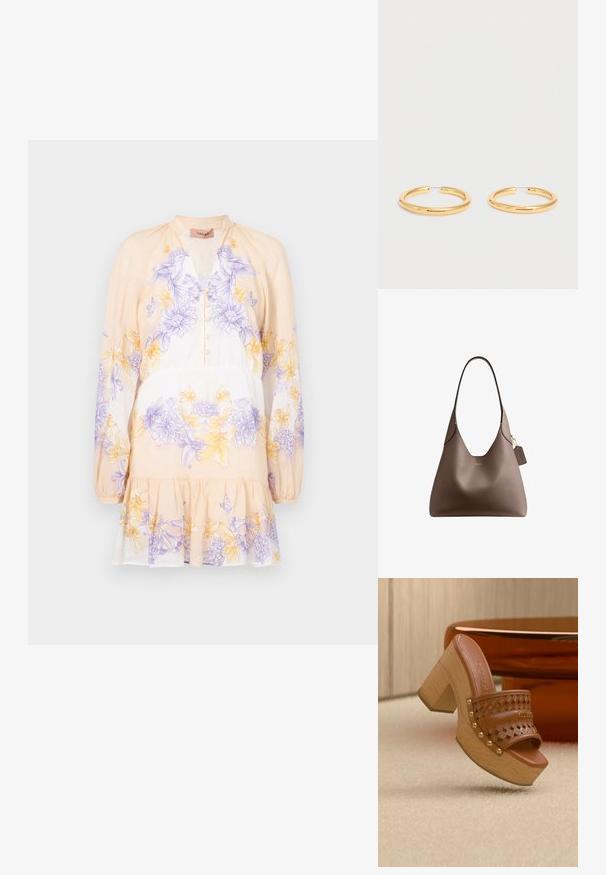 TWINSET DRESS - Hverdagskjole - lavender/yellow; Brun læder mule med høje hæle, nittebeslået og udskåret rem samt træplatformhæl, hvilende på beige tæppe nær orangebrunt møblement.; Brun læder Coach håndtaske med enkelt skulderrem og lille vedhæftet lædermærke, sat mod en hvid baggrund.; Par mediumstore polerede guldøreringe med tynde trådlåse på en helt hvid baggrund.