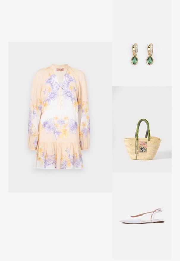 TWINSET DRESS - Freizeitkleid - lavender/yellow; Weißer Slingback-Schuhe mit spitz zulaufender Vorderkappe, flachem Absatz, doppelt verstellbaren Schnallenriemen und hellbrauner Innensohle vor einfarbigem Hintergrund.; Geflochtene beige Strohtasche mit geflochtenen grünen und schwarzen Griffen und einem bunten rechteckigen Aufnäher auf der Vorderseite.; Goldene Creolen mit einem tropfenförmigen grünen Stein, akzentuiert mit klaren Kristallen entlang der Oberseite, die ein poliertes Finish betonen.