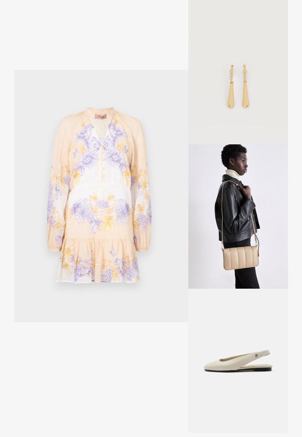 TWINSET DRESS - Jurk - lavender/yellow; Crèmekleurige leren slingback platte schoen met ronde neus en klein gouden embleem op het bandje.; Beige leren crossbody tas met een gequilt ontwerp, rechthoekige vorm, dunne schouderband en zilverkleurige hardware, gedragen door een persoon in een zwarte jas.; Oorbellen in goudkleur met glanzende, langgerekte druppelvormige hangers die aan kleine oorringen hangen, op een witte achtergrond.