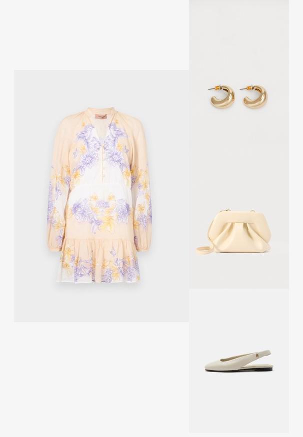 TWINSET DRESS - Vestido informal - lavender/yellow; Zapato plano slingback de cuero color crema con puntera redondeada y pequeño emblema dorado en la correa.; Bolso clutch de cuero suave beige con estructura rígida y detalle fruncido en el frente, con una correa delgada para la muñeca y cremallera dorada.; Dos pendientes de aro dorados brillantes en un diseño curvado, con acentos naranjas cerca del poste, sobre un fondo blanco liso.
