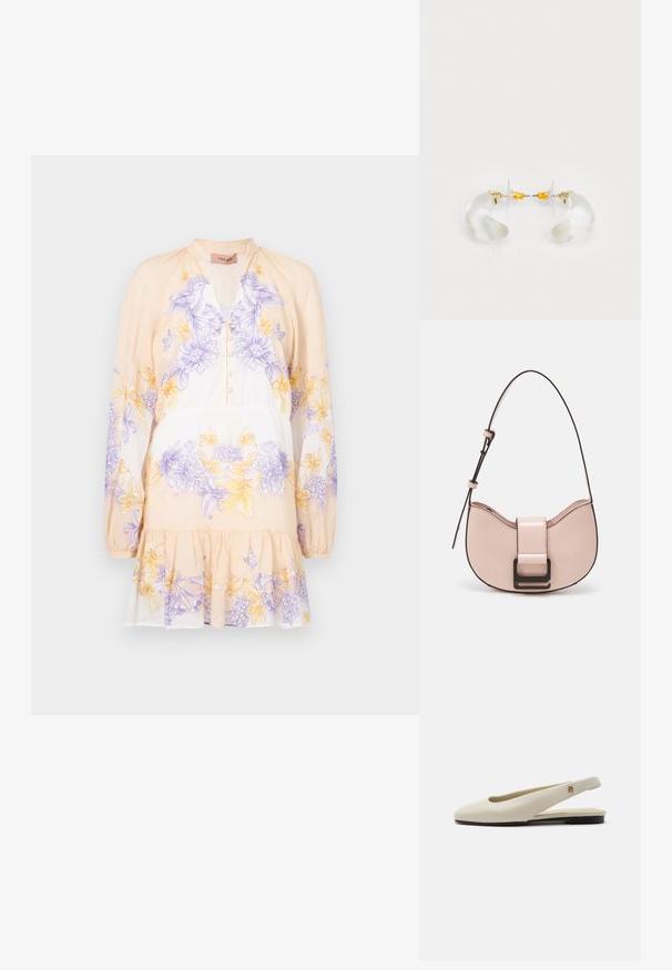TWINSET DRESS - Vestido informal - lavender/yellow; Zapato plano slingback de cuero color crema con puntera redondeada y pequeño emblema dorado en la correa.; Pequeño bolso de piel rosa curvado con un acabado brillante, que presenta una correa de acento negra y un gran cierre de broche negro. Diseño cruzado.; Pendientes de aro de acrílico transparente con acentos dorados, que presentan un diseño curvado y un cierre transparente. Textura suave, estilo minimalista.