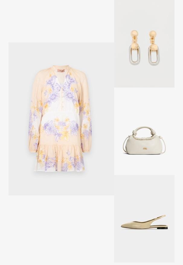 TWINSET DRESS - Päevakleit - lavender/yellow; Beež värvi terava nina, madala musta kontsaga ja sileda nahkpinna ning rihmaga tasapinnaline king side-vaates tavalise taustaga.; Kreemivärvi pehmeast nahast käekott, millel on sõlmitud sang ja väike kullast "Tommy Hilfiger" logo esiküljel keskel.; Kullast ja hõbedast kõrvarõngad, millel on sfääriline ülaosa ja piklik, ovaalse kujuga riputatav element läikiva viimistlusega.