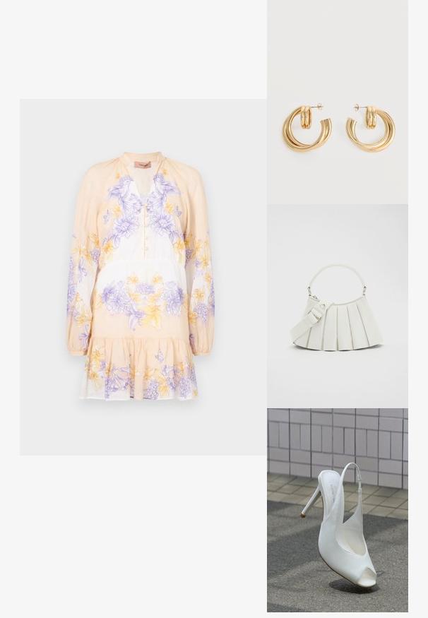 TWINSET DRESS - Denné šaty - lavender/yellow; Biele vysoké lodičky so zapínaním za pätou a otvorenou špičkou na chodníku pred stenou s dlaždicami, vrhajú tieň na zem.; Lacoste LENGLEN BAG - Kabelka - cristalline; Pár lesklých zlatých náušníc s dvojitou slučkou a zapínaním na puzetu na bielom pozadí.