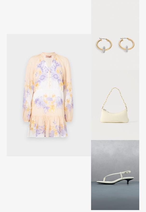 TWINSET DRESS - Denné šaty - lavender/yellow; Biela sandála na podpätku kitten s remienkami a zašpicatenou špičkou, lietajúca nad drevenou dlažbou vonku s rozmazaným pozadím rastlín a steny.; Malá kabelka krémovej farby s oblým tvarom a pleteným retiazkovým rukoväťou v zlatom tóne, horný zipsový uzáver; Pár zlatých kruhových náušníc s malým strieborným detailom v tvare slučky na každom, vystavené na svetlosivom pozadí.