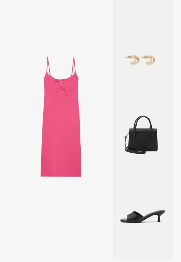 Aansluitende roze jurk met dunne bandjes, voorzien van een strikdetail bij de halslijn en een gladde, lichte stof. Geen patronen of accenten.; Zwarte slide sandalen met een glad leren bovenwerk, open teen en een lage, glanzende hak. Minimalistisch ontwerp met een gebogen vorm en een strakke afwerking.; Zwarte gestructureerde handtas van leer met een bovenhandvat, een afneembare schouderriem en een voorflapdetail. Gouden hardwareaccenten.; Gouden halvmaanvormige oorbellen met een gladde afwerking, voorzien van oranje accenten bij de stekker en zilveren hardware.