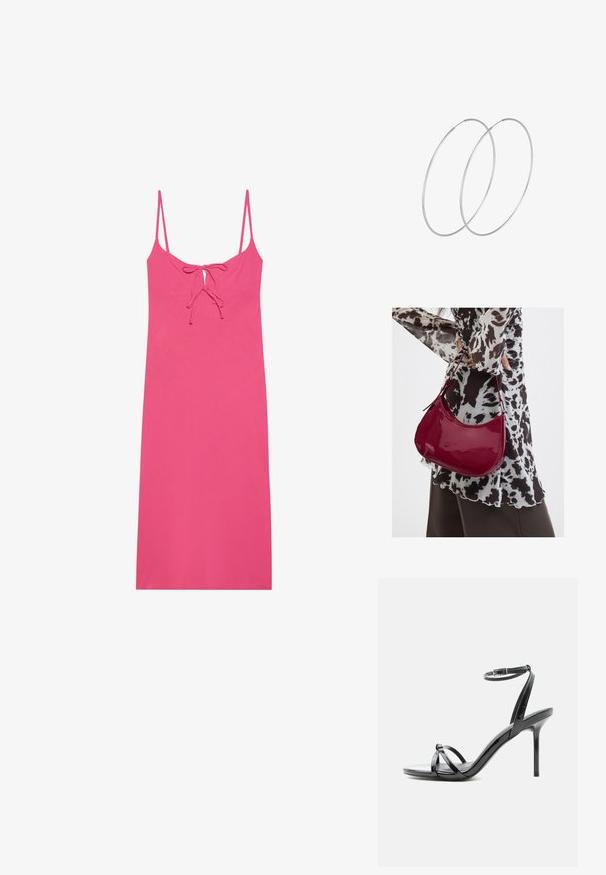 Aansluitende roze jurk met dunne bandjes, voorzien van een strikdetail bij de halslijn en een gladde, lichte stof. Geen patronen of accenten.; Zwarte lakleren sandaal met hoge hak, met dunne bandjes die over de tenen kruisen en een enkelriempje met gesp op een witte achtergrond.; Vrouw met een zwart-wit gebloemde blouse houdt een glanzende rode schoudertas vast tegen een effen achtergrond.; Zilveren hoepel oorbellen met een minimalistisch ontwerp. Cirkelvormig, gladde textuur en dun profiel. Lichtgewicht met een gepolijste afwerking.