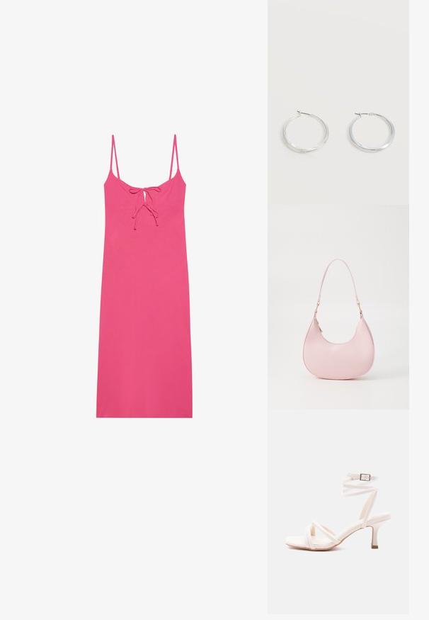 Aansluitende roze jurk met dunne bandjes, voorzien van een strikdetail bij de halslijn en een gladde, lichte stof. Geen patronen of accenten.; Witte sandaal met hak, voorzien van een voorzijde met bandjes, een enkelriempje met gesp en een smalle hak van gemiddelde hoogte, afgebeeld op een effen achtergrond.; Call it Spring CELESTY - Handtas - other pink; Zilverkleurige metalen creolen oorbellen met een glad, licht gebogen oppervlak en sluitingen met haaksluiting op een effen witte achtergrond.