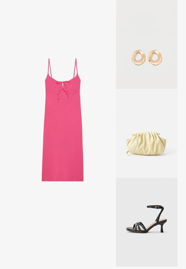 Aansluitende roze jurk met dunne bandjes, voorzien van een strikdetail bij de halslijn en een gladde, lichte stof. Geen patronen of accenten.; Zwarte sandalen met hakken, voorzien van meerdere dunne banden over de tenen, een enkele enkelband met een gouden gesp en een vierkante neus.; Geel geplooide handtas van soepel nepleer, met een zachte vorm, een enkele schouderriem en een verzameld ontwerp aan de bovenkant.; Set van onregelmatig gevormde, gepolijste hoepel oorbellen van goudkleurig metaal met een open midden op een effen witte achtergrond.