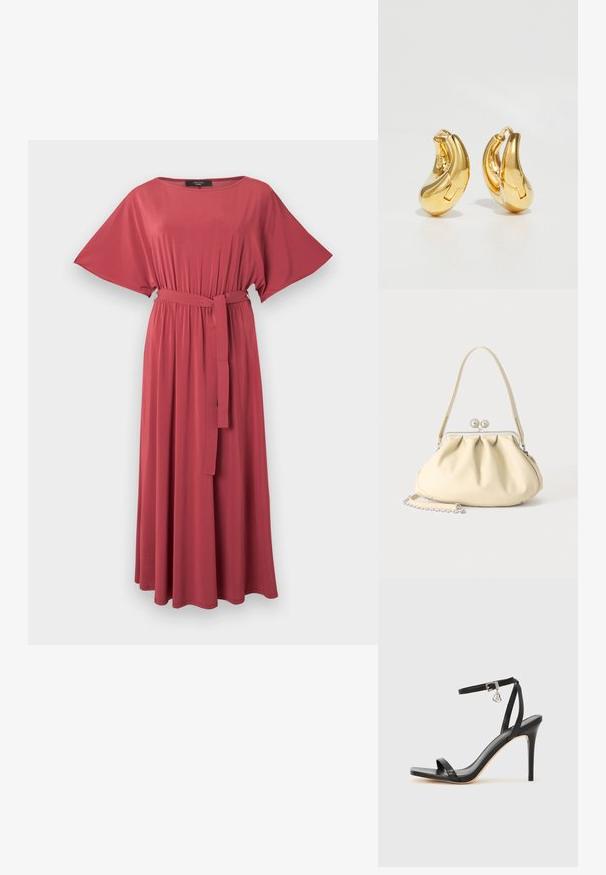 Long, flowy reddish-pink dress with wide short sleeves, gathered waist, and a matching fabric belt tied at the front.; Black high-heeled sandal with a narrow ankle strap, square toe box, smooth leather material, and metallic buckle accent.; Cream-colored soft leather handbag with gathered design, silver frame clasp, short handle, and a detachable chain strap.; Gold hoop earrings with a smooth, curved shape and polished finish. Features a clasping mechanism and slight indentations for detail.