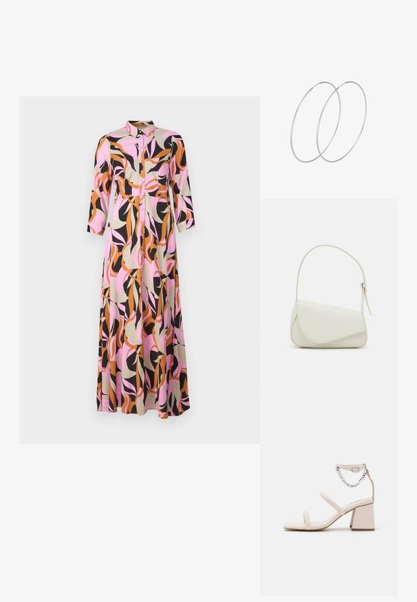 Lang skjorte kjole lavet af stof med en blanding af abstrakte pink, sorte, beige og brune mønstre; har trekvartærmer.; Free People PARKER CHAIN HEEL - Sandaler - white; Hvid taske i faux læder med en struktureret trekantet form, enkelt justerbart skulderstrop og en flaplås med kurver.; Sølvøreringe med et minimalistisk design. Cirkulær form, glat tekstur og tynd profil. Letvægtige med en poleret overflade.