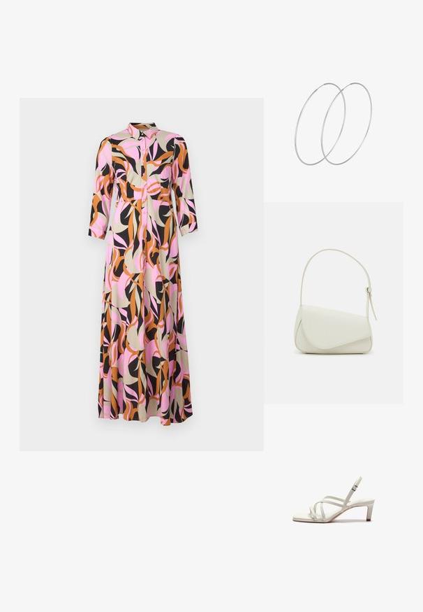 Lang skjorte kjole lavet af stof med en blanding af abstrakte pink, sorte, beige og brune mønstre; har trekvartærmer.; Zign by Zalando Pumps - off white; Hvid taske i faux læder med en struktureret trekantet form, enkelt justerbart skulderstrop og en flaplås med kurver.; Sølvøreringe med et minimalistisk design. Cirkulær form, glat tekstur og tynd profil. Letvægtige med en poleret overflade.