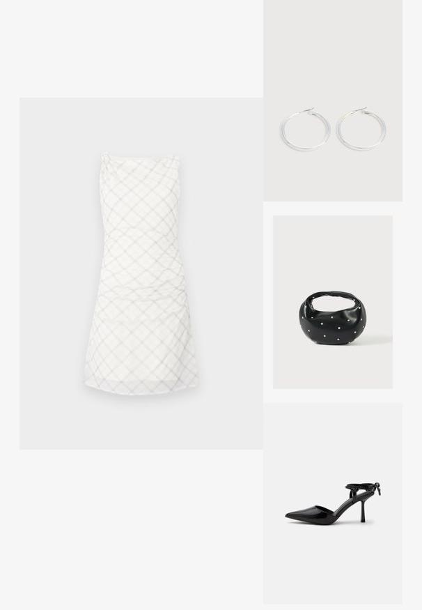 Robe blanche avec un motif à carreaux en gris clair. Le design comprend un corsage ajusté avec des fronces et une jupe droite arrivant au genou.; Chaussure à talon haut en cuir verni noir avec bout pointu et bride de cheville nouée à l'arrière, présentée sur un fond blanc uni.; Sac à main en cuir noir de forme arrondie, décoré de clous argentés et équipé d'une poignée courte. Texture lisse et fermeture éclair.; Paire de boucles d'oreilles créoles argentées brillantes avec fermoirs en fil fin, présentée sur un fond gris clair.