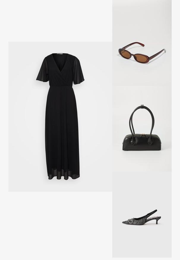 Vestido maxi negro con mangas cortas acampanadas, escote en V y diseño de cintura fruncida. La tela es suave con una silueta fluida.; Zapato negro de tacón bajo tipo slingback con punta puntiaguda, patrón texturizado y detalle de hebilla plateada sobre fondo blanco.; Gafas de sol redondas con tinte marrón y un marco burdeos brillante. Patillas delgadas con un sutil detalle de marca. Diseño de lentes planos.; Bolso de mano de cuero negro con dos asas alargadas, cierre de cremallera y forma redondeada; textura suave con un acabado ligeramente brillante.