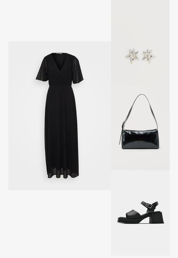 Vestido maxi negro con mangas cortas acampanadas, escote en V y diseño de cintura fruncida. La tela es suave con una silueta fluida.; Sandalias de plataforma de cuero negro con diseño de puntera abierta, correa en el tobillo y un tacón cuadrado grueso. Textura suave y estilo minimalista.; Bolso de hombro rectangular negro con una correa ajustable y un cierre de cremallera superior sobre un fondo liso.; Pendientes de aro plateados en forma de estrella con un acabado liso y pulido sobre un fondo blanco liso.