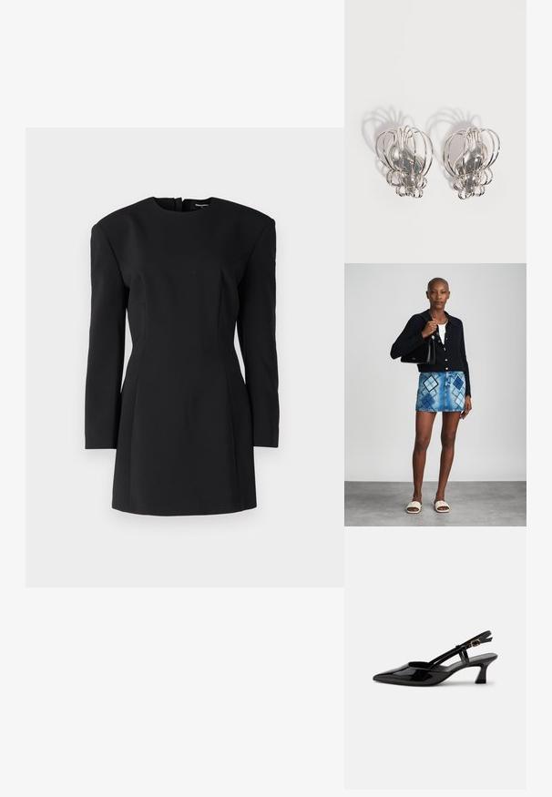 Robe noire structurée avec des manches longues, un col montant et des épaulettes prononcées. Silhouette ajustée se rétrécissant vers un ourlet court. Texture lisse.; Chaussure slingback en cuir verni noir à petit talon, bout pointu et bride réglable avec boucle dorée sur fond blanc.; Un cardigan en maille noir, un haut blanc, une jupe en denim avec un motif de diamants bleus et noirs, un sac à main noir et des sandales à enfiler beiges.; Paire de boucles d'oreilles en métal argenté avec un design en cage à fil ouvert et des formes ovales centrales lisses projetant des ombres courbes sur un fond blanc.
