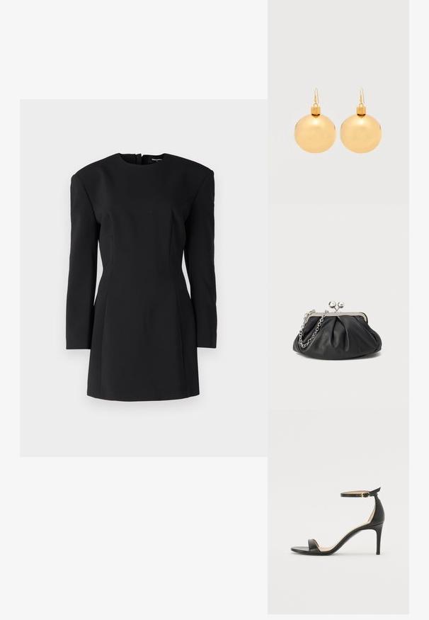 Robe noire structurée avec des manches longues, un col montant et des épaulettes prononcées. Silhouette ajustée se rétrécissant vers un ourlet court. Texture lisse.; Sandale à talons hauts en cuir noir avec une lanière de cheville. Présente une texture lisse, un bout ouvert et un talon fin. Détail de boucle en ton doré.; Porte-monnaie en cuir noir avec texture froncée, cadre en métal argenté, fermeture à verrouillage kiss-lock et bandoulière en chaîne. Surface lisse et douce.; Paire de boucles d'oreilles boule de Noël dorées brillantes avec fermoirs à crochet sur fond blanc uni.