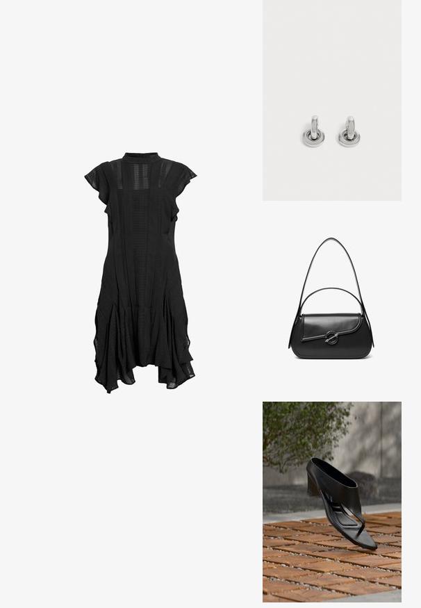 Vestido negro con cuello alto, mangas cortas y acampanadas, paneles texturizados y dobladillo acampanado, que presenta una mezcla de tela lisa y con estampados.; Sandalia negra de tacón alto con tira entre los dedos, flotando sobre una superficie exterior de madera y grava con patrón, con vegetación desenfocada y pared al fondo.; Bolso de hombro de cuero negro con una solapa curva asegurada por un broche metálico redondo y una correa delgada y ajustable.; Par de pequeños pendientes de aro plateados brillantes con base redonda, exhibidos sobre un fondo claro y liso.