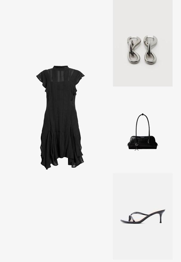 Robe noire avec un col haut, des manches courtes à volants, des panneaux texturés et un ourlet évasé, présentant un mélange de tissu lisse et à motifs.; Sandale à talon en cuir verni noir avec fines lanières croisées et talon aiguille moyen et élancé sur fond blanc.; Sac à épaule en cuir noir à texture crocodile, avec de longues sangles et un petit charm logo argenté sur une sangle.; Paire de boucles d'oreilles en métal argenté avec un motif abstrait d'anneaux entrelacés sur fond blanc.