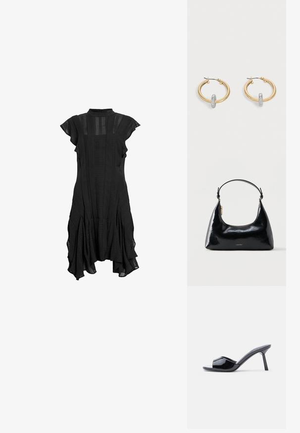 Vestido negro con cuello alto, mangas cortas y acampanadas, paneles texturizados y dobladillo acampanado, que presenta una mezcla de tela lisa y con estampados.; Sandalias de tacón con punta abierta de charol negro, con un diseño superior curvado y tacón de aguja cónico. Acabado liso y brillante.; Bolso negro brillante de Calvin Klein con cremallera dorada y correa corta sobre un fondo blanco liso.; Par de pendientes de aro en tono dorado con pequeño detalle de aro en tono plateado en cada uno, expuestos sobre un fondo gris claro.